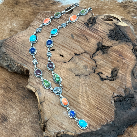 MARY ELLEN Navajo Sterling Turquoise Lapis Spiny Oyster Lariat Necklace Roses - Picture 3 of 7